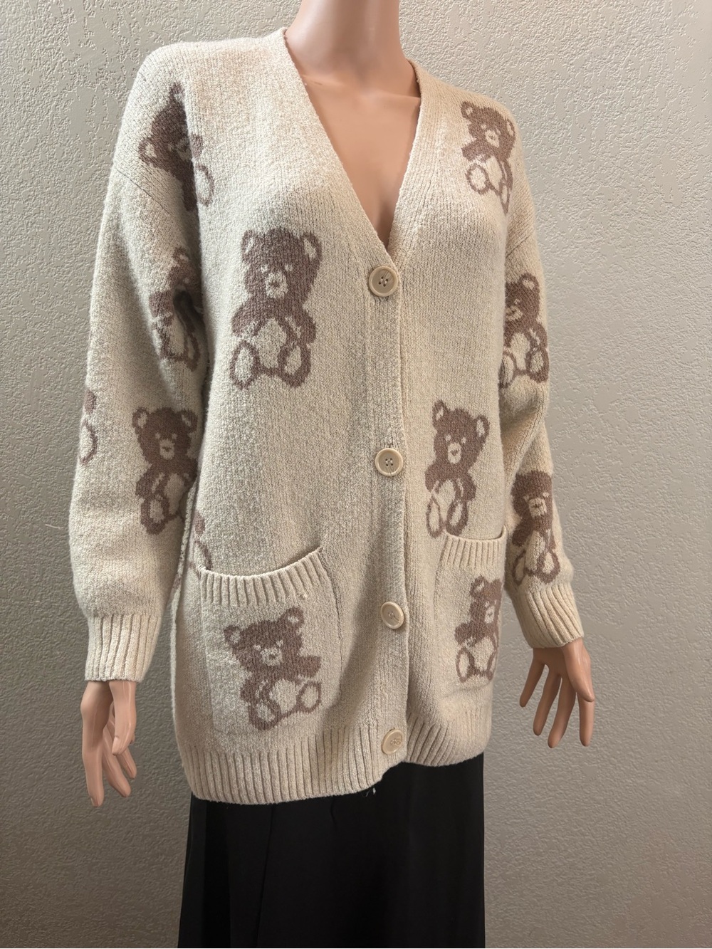 Hippie Rose Cream Cardigan with Brown Teddy Bears Knit Sweater Soft Cozy